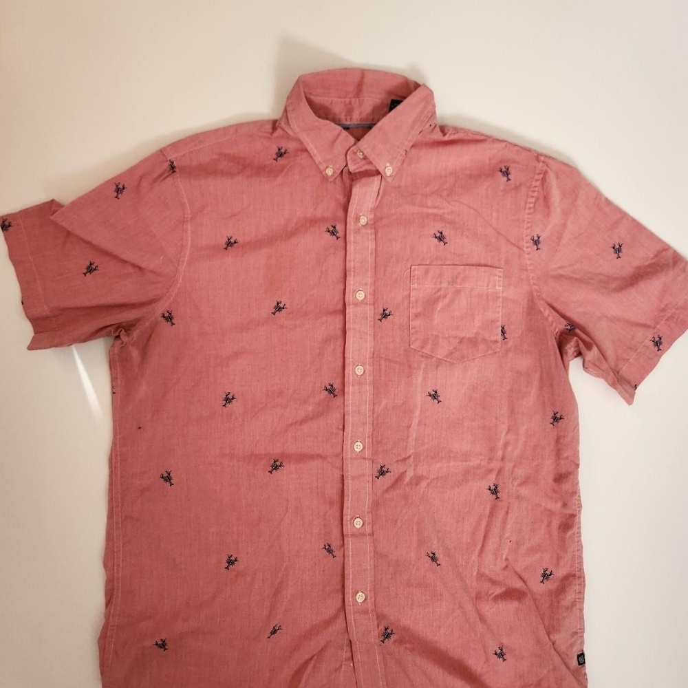 Chaps Coral Button-Down Shirt with Navy Lobster Print, Men's Size Large